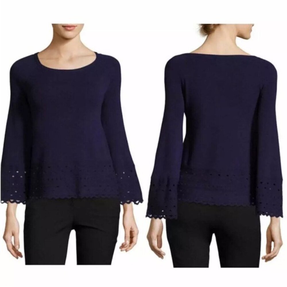 Ramy Brook Dianna Black Bell‑Sleeve Laser‑Cut Sweater Small Long Sleeve Crewneck